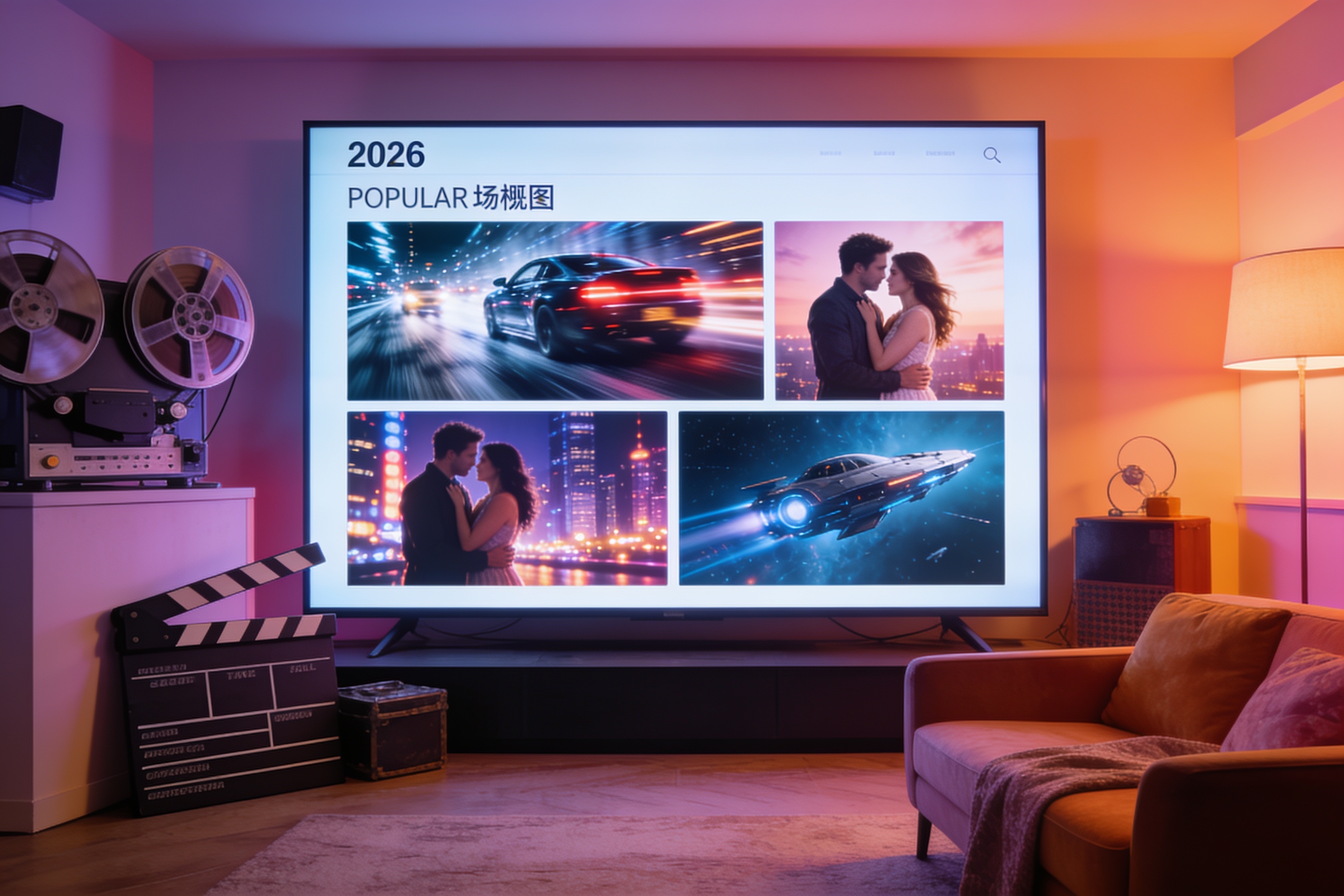 2026年度热播影视作品横幅展示，包含动作、爱情、科幻等多类型影片场景合集
