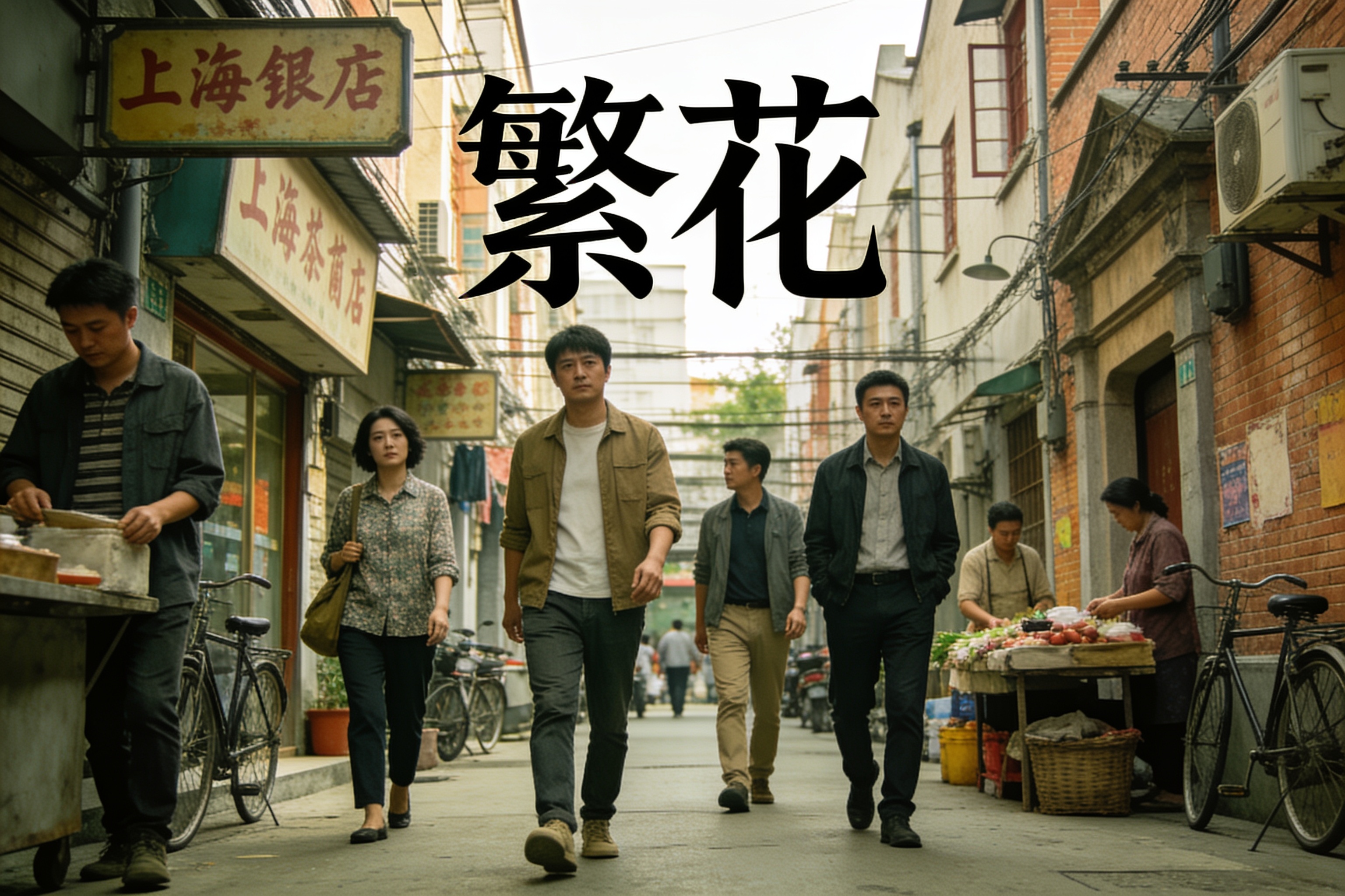 都市情感剧《繁花》横版海报，展示上海弄堂街景与主角群像
