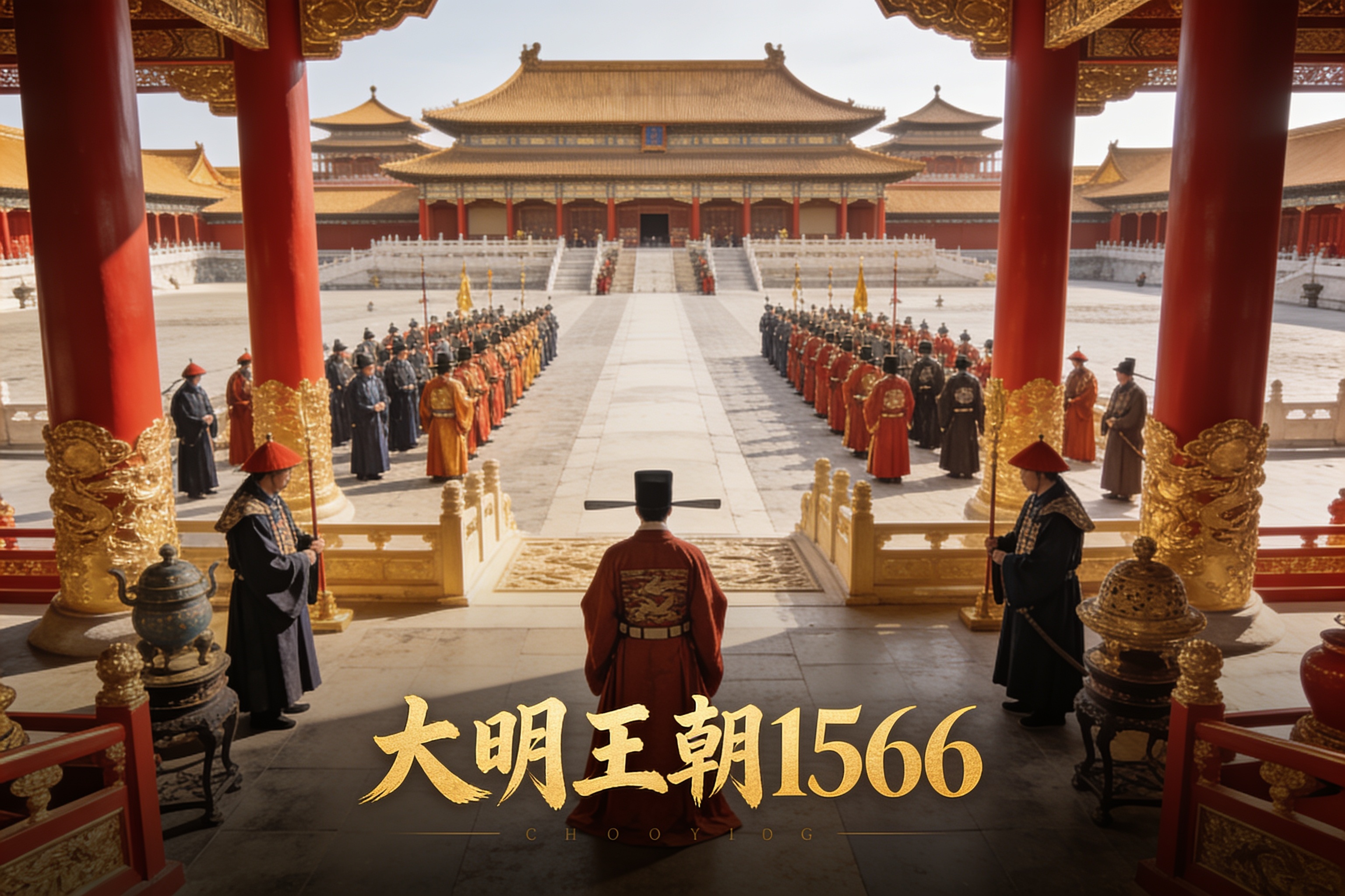 古装历史剧《大明王朝1566》横版剧照，展示紫禁城大殿与朝臣场景